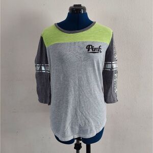 PINK Victoria's Secret Gray Neon Yellow Sequin 3/4 Sleeve Shirt Size Small